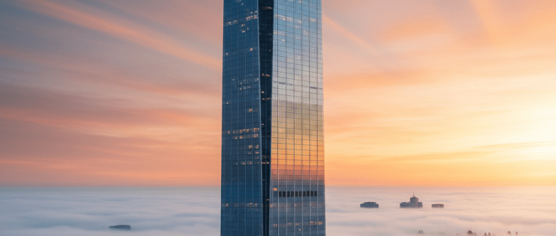 A tall glass skyscraper rises above a thick layer of white fog during a golden sunrise.