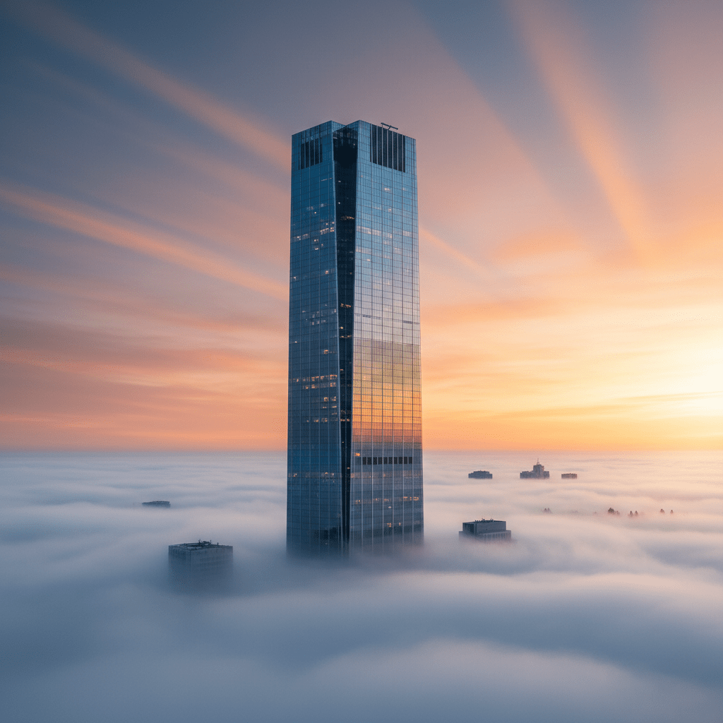 A tall glass skyscraper rises above a thick layer of white fog during a golden sunrise.
